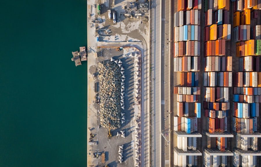 Aerial view of stacked shipping containers at a port